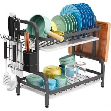 Imagem de Escorredor de Louças Inox 2 Andares Preto – Aço carbono com pintura inoxidavel e Antiferrugem - Porta-Talheres e Suporte para Tábua