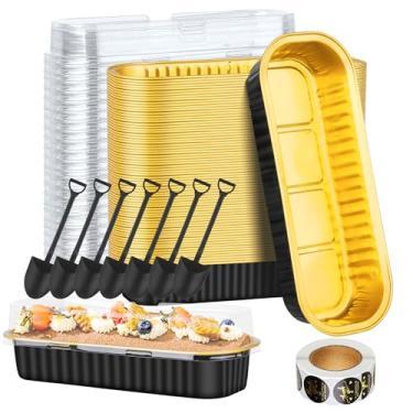 Imagem de ylnurac Pacote com 100 mini formas de pão de folha de alumínio com tampas, formas retangulares de 200 ml, formas de muffin, suportes descartáveis para pão de bolo de brownie, preto em ouro
