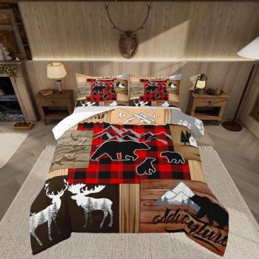 Imagem de Feelyou Conjunto de edredom de cabana rústica para crianças, adulto, fazenda, urso, veado, tamanho king, com tema de caça e vida selvagem, marrom, patchwork, branco, vermelho, xadrez