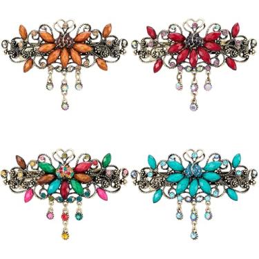 Imagem de Textention Presilhas de cabelo vintage com borlas de metal brilhante com strass floral presilhas de cabelo presilhas de cabelo prendedores de rabo de cavalo acessórios para mulheres e meninas (4 peças