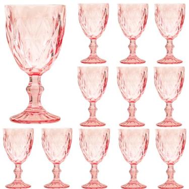 Imagem de 12 peças de taças de vinho vintage, taças de água de vidro colorido de 293 ml, padrão exclusivo em relevo com haste alta transparente, copos de vidro para bar para festa de casamento, copos de vinho