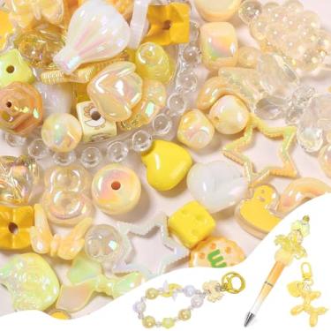 Imagem de 45-60 peças de contas grandes amarelas brilhantes de acrílico sortidas para fazer pulseiras, revestimento UV, contas focais para canetas, laço de flor, redondo, urso, amor, coração, chapéu, fofo