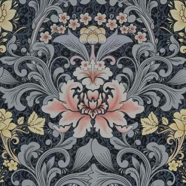 Imagem de Abyssaly Papel de parede floral William Morris Peel and Stick, 45 cm x 299 cm Murais de parede de flores vintage, papel de contato azul impresso autoadesivo removível