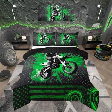 Imagem de Feelyou Conjunto de edredom infantil verde para esportes radicais, para crianças, meninos, meninas, corrida, motocross, motociclista, edredom de microfibra macia para decoração de quarto