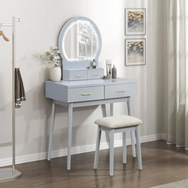 Imagem de Lexicon Mesa de penteadeira moderna com espelho, luzes LED, 3 modos de iluminação, conjunto de mesa de maquiagem pequeno com 4 gavetas e banco acolchoado, iluminação ajustável para quarto, cinza