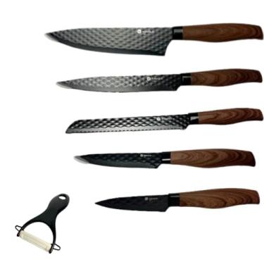 Imagem de Conjunto De Facas 6 Unidades Onix Cabo Amadeirado Tavolo Chef Resistente Cozinha Utensilios Profissionais