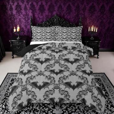 Imagem de jejeloiu Conjunto de edredom de morcego preto para adultos, vintage, boêmio, damasco, floral, estilo barroco, para meninos e meninas, adolescentes, temática de Halloween, edredom para decoração de