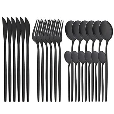 Imagem de Snplowum Talheres pretos polidos espelhados, 24 peças, conjunto de louça de aço inoxidável 18/0, inclui garfo de faca, colher de chá, conjunto de talheres para restaurante em casa, e serviço de festa para 6 pessoas, pode ser lavado na lava-louças