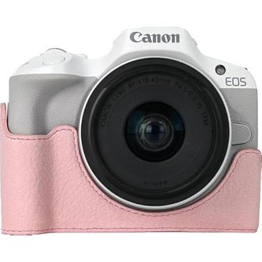 Imagem de Capa para R50, capa BMAOLLONGB feita à mão de couro liquei PU meia câmera versão abertura inferior para Canon Eos R50 com alça de mão (rosa)