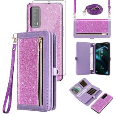 Imagem de Asuwish Capa de celular para TCL Stylus 5G 2022 com zíper carteira destacável com protetor de tela de vidro temperado alça com glitter flip porta-cartões TLC Stylo G5 6.81 T779W mulheres homens