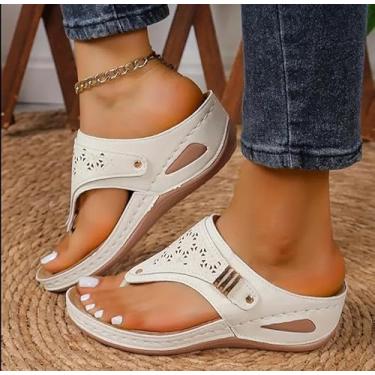 Imagem de Sandálias femininas casuais com suporte de arco e fivela e tira de fivela, chinelos femininos para verão, praia, banheiro, sapatos de couro à prova d'água, Branco, 38