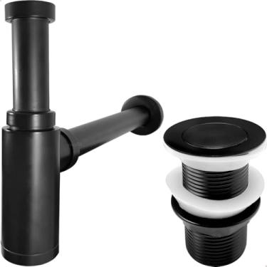 Imagem de Dona D Cor, Sifão Lavatório Válvula Click 1 1/4 Inox Preto Fosco Kit Banheiro Ralo Pia 40mm Sifão Copo Quadrado