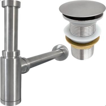 Imagem de Dona D Cor, Sifão Copo e Valvula Click 1 1/4 Inox Escovado Kit Banheiro Luxo Ralo de Pia Sifao Quadrado De Parede Aço Inox 304 Fosco