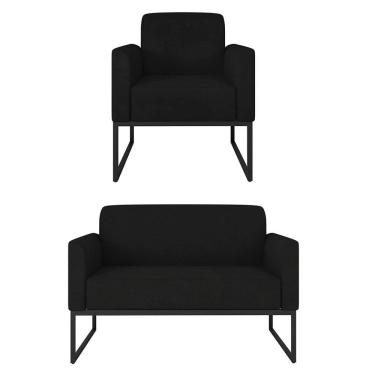 Imagem de Kit Namoradeira e 1 Poltrona Decorativa Base Industrial Preta Maressa S07 Suede Preto - Ibiza