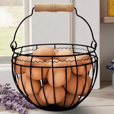Imagem de Cesta vintage para ovos frescos | Cesta de ovos de galinha coleta 24 ovos | Armazenamento de galinha e cozinha de 19 cm com alça (preto, design ventilado, decoração de Páscoa e Natal)