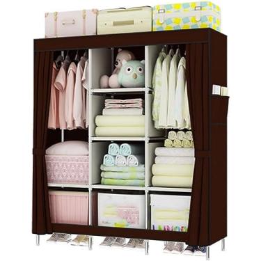 Imagem de Guarda-roupa Portátil Cvas, Guarda-roupa De Tecido Com Bolsos Laterais E Trilhos De Cintura, Armário Dobrável Para Quarto, Brown, 128x45x170cm
