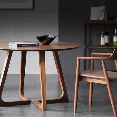 Imagem de Mesa De Jantar Redonda De Madeira Maciça Para 2-4 Pessoas - Mesa De Pedestal Rústica Moderna De Meados Do Século Para Cozinha E Sala De Jantar, Brwon, 27.5"L x 27.5"W x 29.5"H