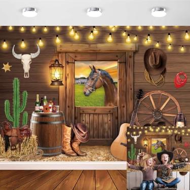 Imagem de Pano de fundo de cowboy ocidental selvagem rústico rodeio de madeira cavalo de celeiro fotografia para crianças adultos faixa de decoração de festa ocidental (20 x 1,8 m (238,8 x 177,8 cm)