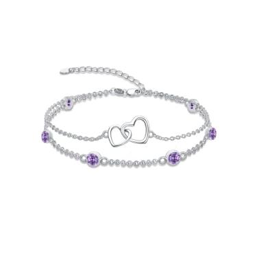 Imagem de Dorunmo Pulseira de pedra do mês de nascimento de coração para mulheres prata esterlina 925 joias de aniversário presentes para mulheres esposa, Anklet 9"-11", Prata esterlina, Base