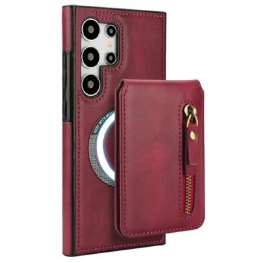 Imagem de HAOMRIYL Capa tipo bolsa para Samsung Galaxy S25 Ultra/S25 Plus/S25, carteira destacável, porta-cartões, capa de couro, capa magnética de carregamento sem fio, vermelha, S25plus