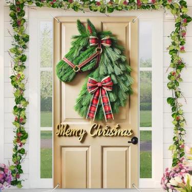 Imagem de BlissYard Capa de porta de cavalo de Natal 188 x 89 cm Banners de porta de varanda de férias decoração de pinho crina arco sela fundo portas suspensas banner para decoração de festa de casa de fazenda