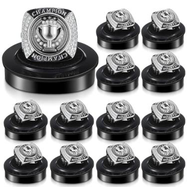 Imagem de Landical Pacote com 12 anéis de troféu Champion Mvp Sport Award com corrente de pescoço e caixa de suporte de exibição para vencedor de torneio ou campeão da liga (prata)