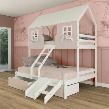 Imagem de Beliche Casal/ Solteiro Casinha Encantada com 02 Gavetas Kit Escada/ Escorregador Madeira Maciça Rosa/ Branco Megamobilia
