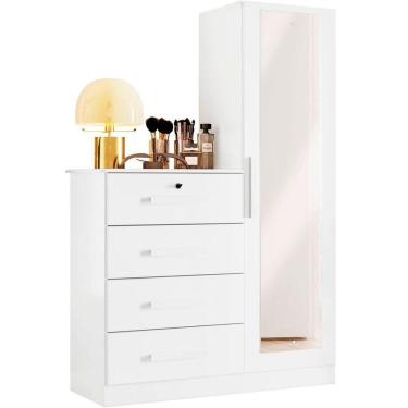 Imagem de Cômoda Guarda-roupa Caribe 4 Gavetas 1 Porta Com Espelho Branco
