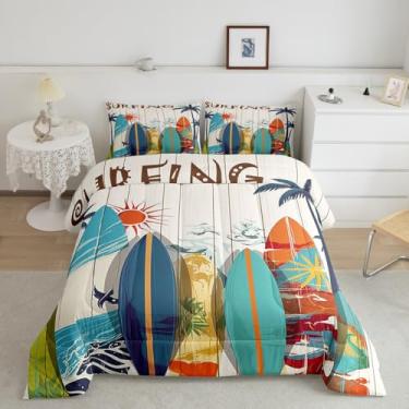 Imagem de jejeloiu Jogo de cama king size para prancha de surfe, praia, palmeira, para meninos, meninas, adolescentes, surfe, rústica, de madeira, edredom respirável, carro costeiro, decoração de quarto, 1