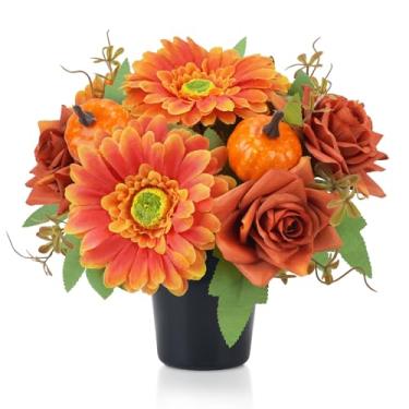 Imagem de HO2NLE Arranjo de flores em vaso de 20 cm, flores artificiais em vaso, flores falsas, flores gerbera, abóbora em vaso, centro de mesa para decoração de mesa, sala de estar, laranja queimado