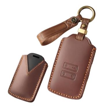 Imagem de HIBEYO Capa de chaveiro de couro adequada para Renault Kadjar Koleos Clio Scenic Megane Duster Sandero Captur Twingo Acessórios de carro Smart Remote Auto Key Case com protetor de chaveiro (marrom)