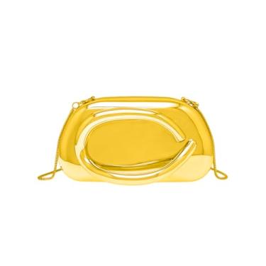 Imagem de COOLOYA Bolsas femininas de acrílico para noite, casamento, retrô, de metal, guidão, bolsas transversais com corrente, Brilhante dourado profundo, One Size, Macio