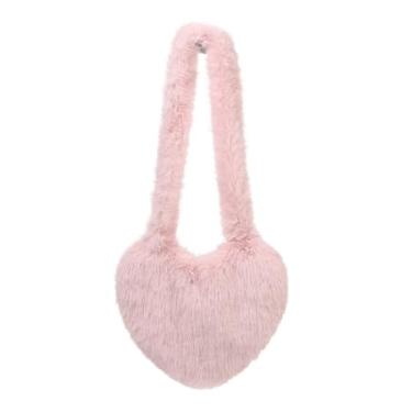 Imagem de LA CARRIE Bolsa tiracolo feminina de pele sintética em forma de coração, bolsas fofas, bolsas peludas Y2k, rosa, One Size