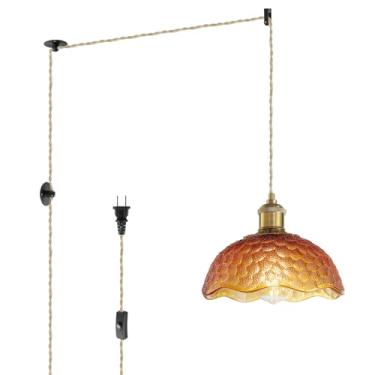 Imagem de KUZZULL Luminárias pendentes de plugue: Lâmpada suspensa Plug in Amber Scindapsus Lamp, Luz suspensa para ilha de cozinha, quarto, sala de jantar, sala de estar, E26 sem lâmpada