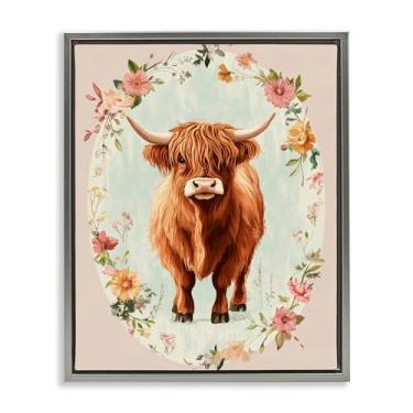 Imagem de Stupell Industries Arte de parede em tela flutuante cinza vaca com borda de flor de pêssego por Petal Prints Design, 53 x 43 cm