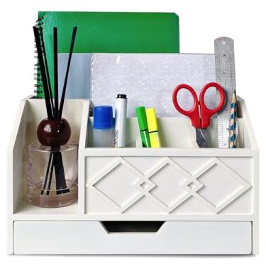 Imagem de UUyuality Organizador de correio de madeira branca com gaveta, acessórios de mesa de três camadas para organização e armazenamento de escritório, armazenamento elegante de documentos de bancada