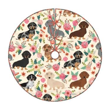 Imagem de Saia de árvore de Natal com estampa de salsicha Dachshund com estampa de flores rosa para decoração de árvore, borda de árvore de Natal de 91 cm, enfeites de Natal de casa de fazenda para ambientes