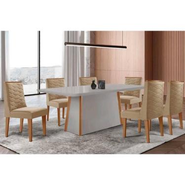 Imagem de Conjunto Sala de Jantar Tilia c/ Tampo Madeirado c/ Vidro Canto Curvo 180x90cm e 6 Cadeiras Dafne Madeira Maciça Naturale/Off White - Capuccino/Linho 