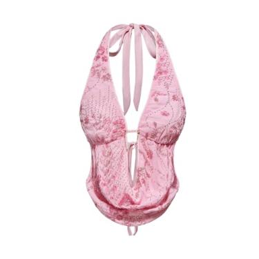 Imagem de Verdusa Top feminino de lantejoulas com estampa de chita Y2K, espartilho frente única, Rosa claro, M