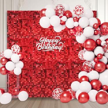 Imagem de 24 peças de fundo de parede vermelho brilhante, painel de fundo de foto de lantejoulas quadradas a laser, fundo de parede com glitter para aniversários, casamentos, Natal, noivados, decoração de festa
