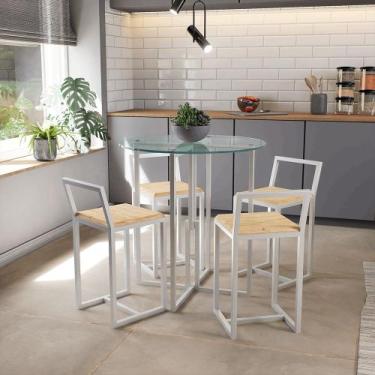 Imagem de Conjunto Mesa Redonda Vidro 4 Cadeiras Pequena Pinus Industrial White 