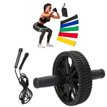 Imagem de Kit roda abdominal + 5 Elástico + Corda para pular Treino Fitness Func