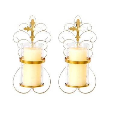 Imagem de Asense Conjunto de 2 castiçais verticais de ferro para pendurar na parede, arandela de metal com copo de vidro, decoração de parede para sala de estar, quarto, dourado