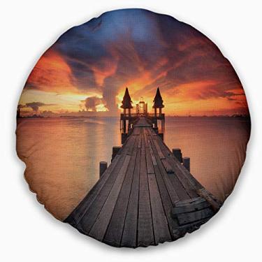 Imagem de Design céu brilhante e longo ponte de madeira cais paisagem marítima sala de estar redonda, sofá, almofada de alta qualidade + capa de almofada impressa em ambos os lados 50 cm