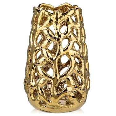 Imagem de Vasos dourados para centros de mesa, vaso de flores de cerâmica a céu aberto coral 23 cm oco decorativo de grama dos pampas decoração de mesa dourada para casa, sala de estar, sala de jantar, quarto,