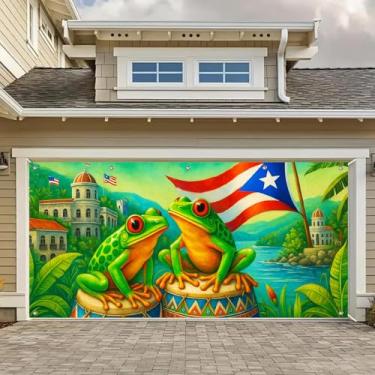 Imagem de HOMETITUTE Banner de porta de garagem tropical 4 x 1,8 m pano de fundo de sapo verde com plantas de construção água flores laranjas bandeiras tambores para verão carnaval luau piscina festa ao ar