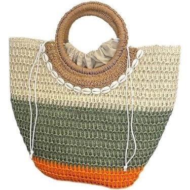 Imagem de Bolsa De Praia Verão Bolsas De Palha Artesanal Para Mulheres Bolsas Rattan Boho Cesta De Cordão Bolsa Grande Tecido Top Handle Crochet Totes, Style One, 37x8x27cm