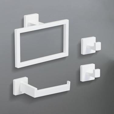 Imagem de Conjunto de ferragens para banheiro creme branco, suporte para toalhas de parede em aço inoxidável, anel para toalhas, suporte para papel, ganchos, acessórios para banheiro, conjunto de 4 peças b