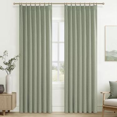 Imagem de Cortinas de linho blecaute verde sálvia 213 cm de comprimento para sala de estar e quarto, cortina de janela viral plissada boho com clipes de prega com isolamento térmico (102 cm L x 203 cm C C x 2