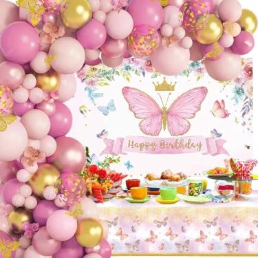 Imagem de Kit Festa Balões Aniversário Rosa Com Balões De Látex Painel 60×80 Cm Estampa De Borboleta Decorações De Borboleta Douradas (120PCS)